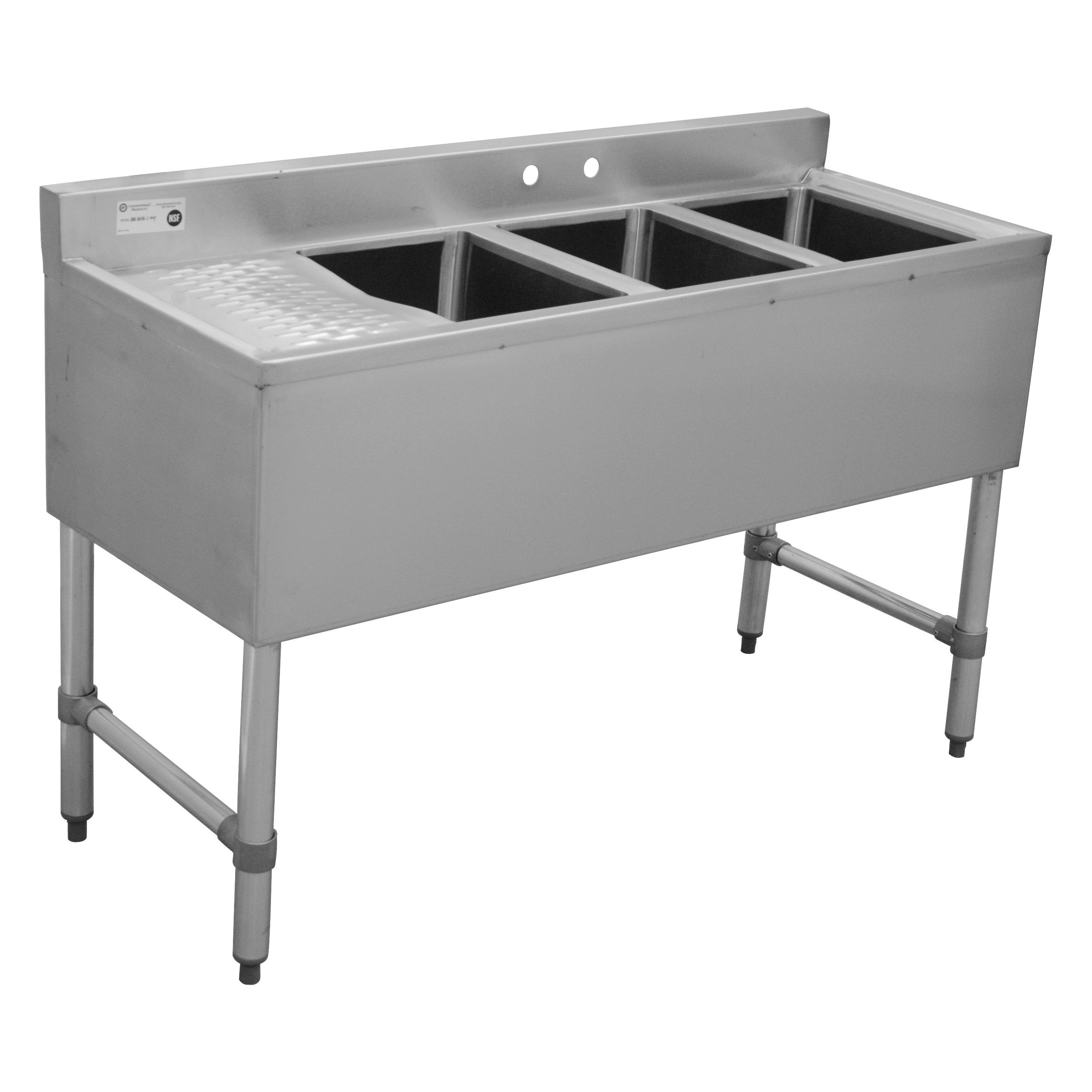 3 Compartment Bar Sink w/ 12"Left Drainboard, 10" x 14" x 10"D Bowl
