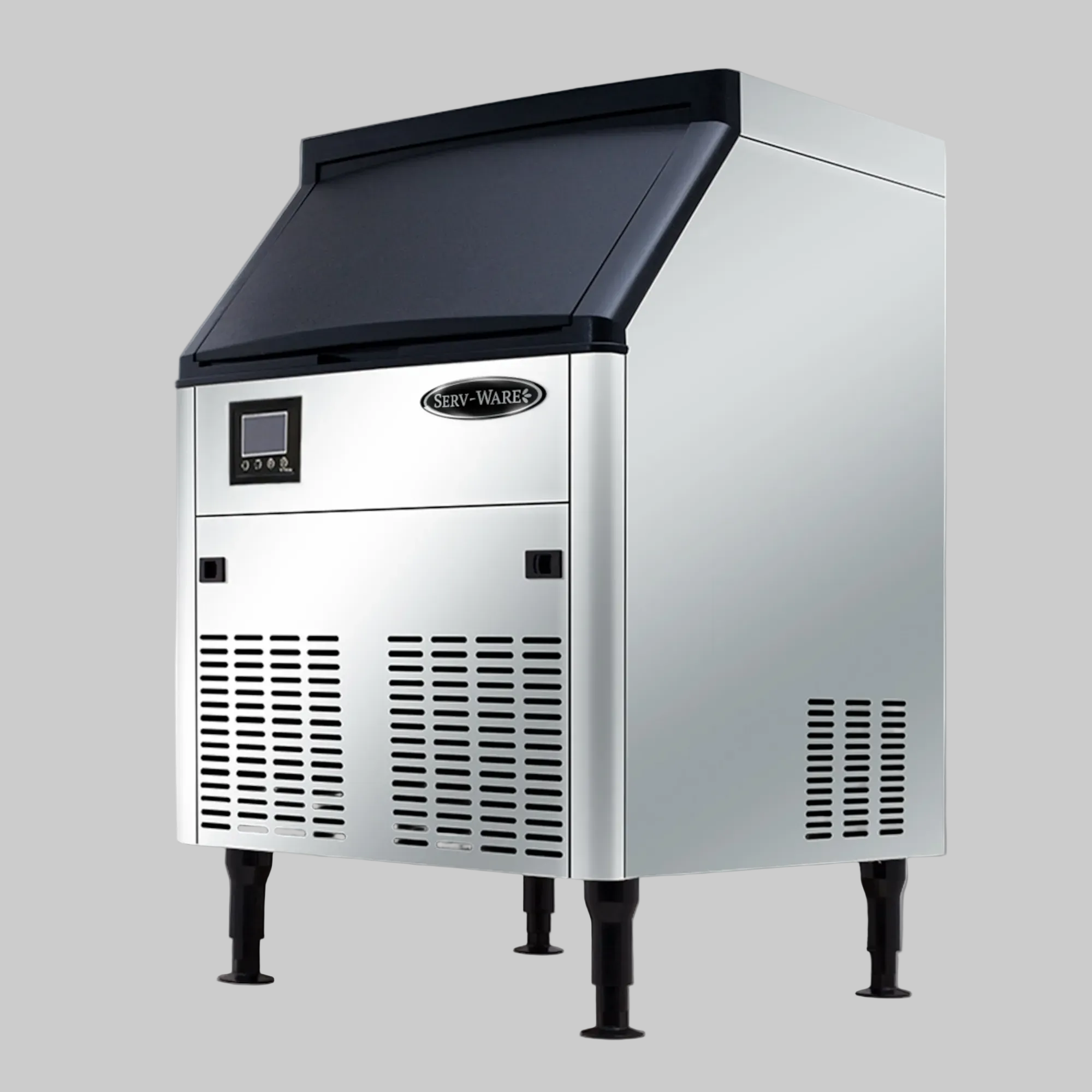 A stainless steel commercial ice machine with a black front panel, digital display, and four black legs, shown on a plain white background.
