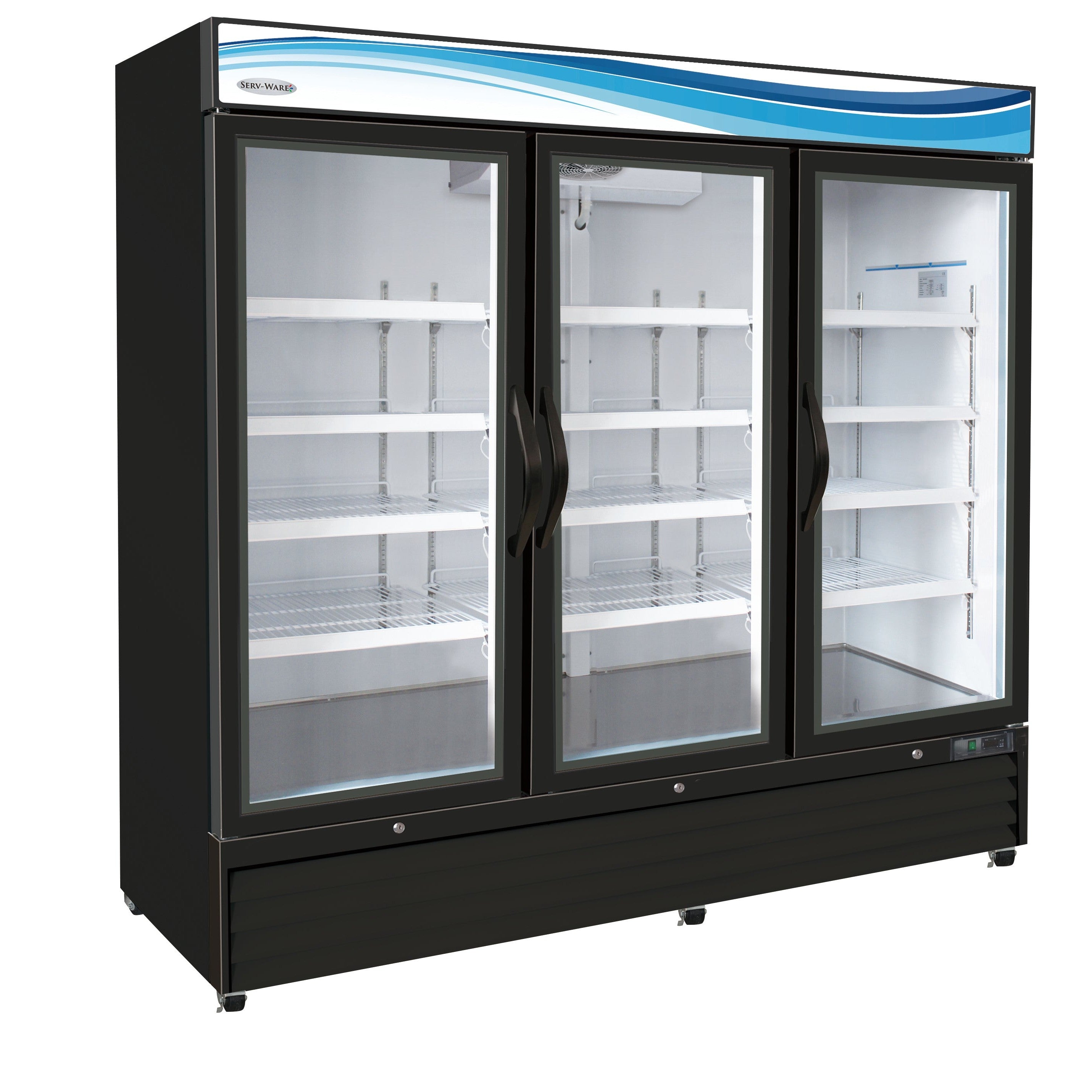 Three (3) Glass Door Merchandiser Freezer, Black Cabinet