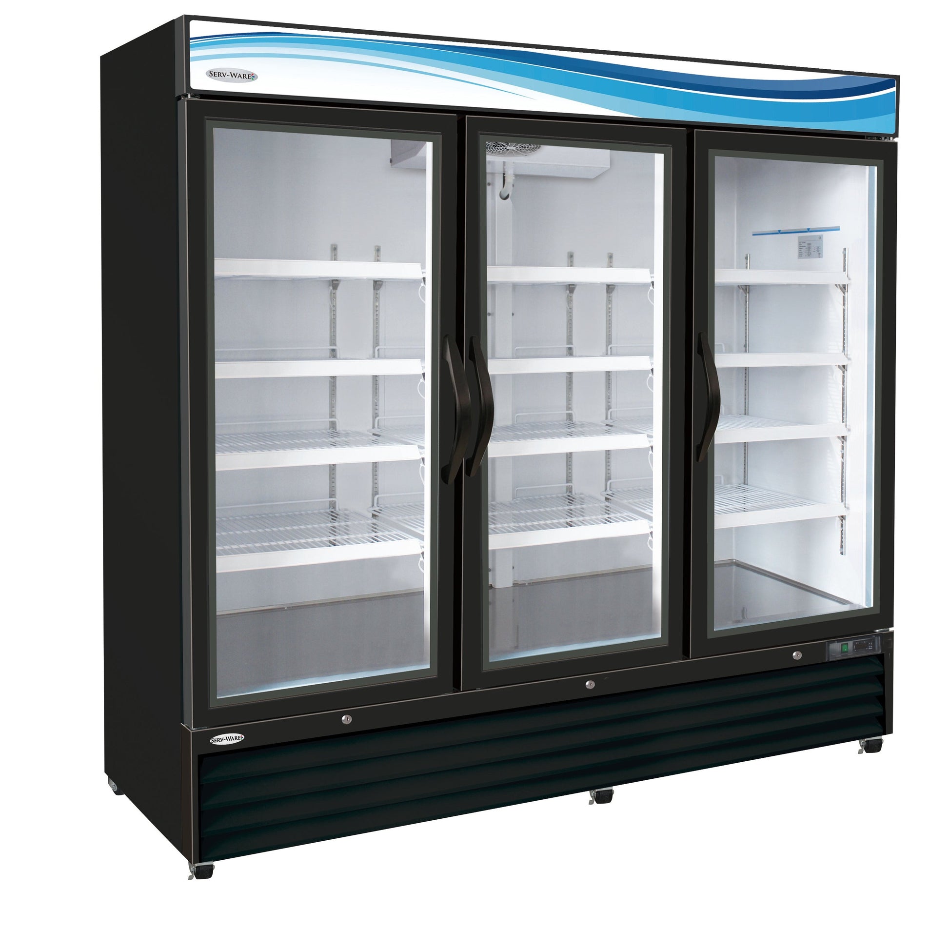Three (3) Glass Door Merchandiser Refrigerator, Black Cabinet