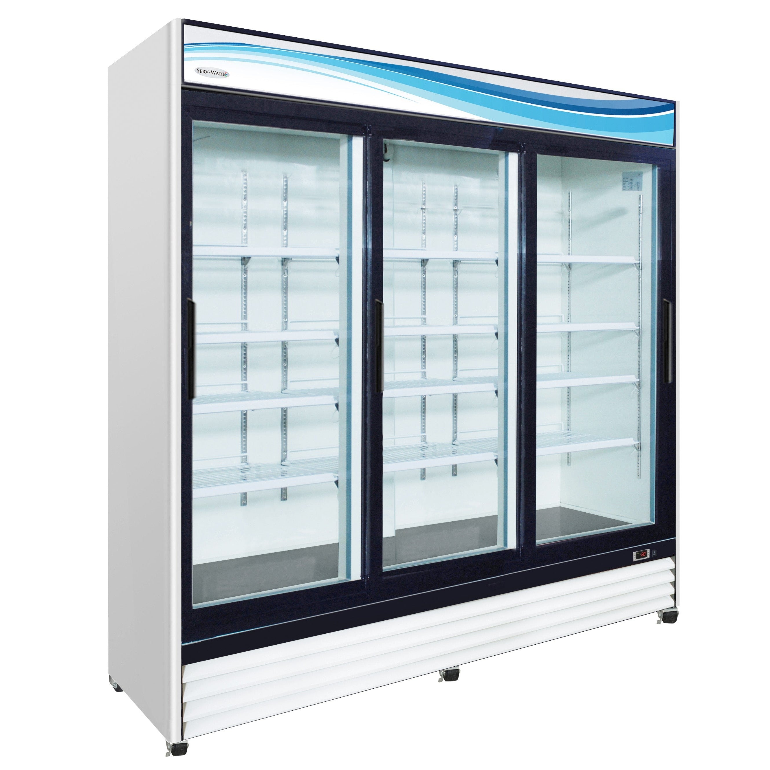 Three (3) Sliding Glass Door Merchandiser Refrigerator, White Cabinet