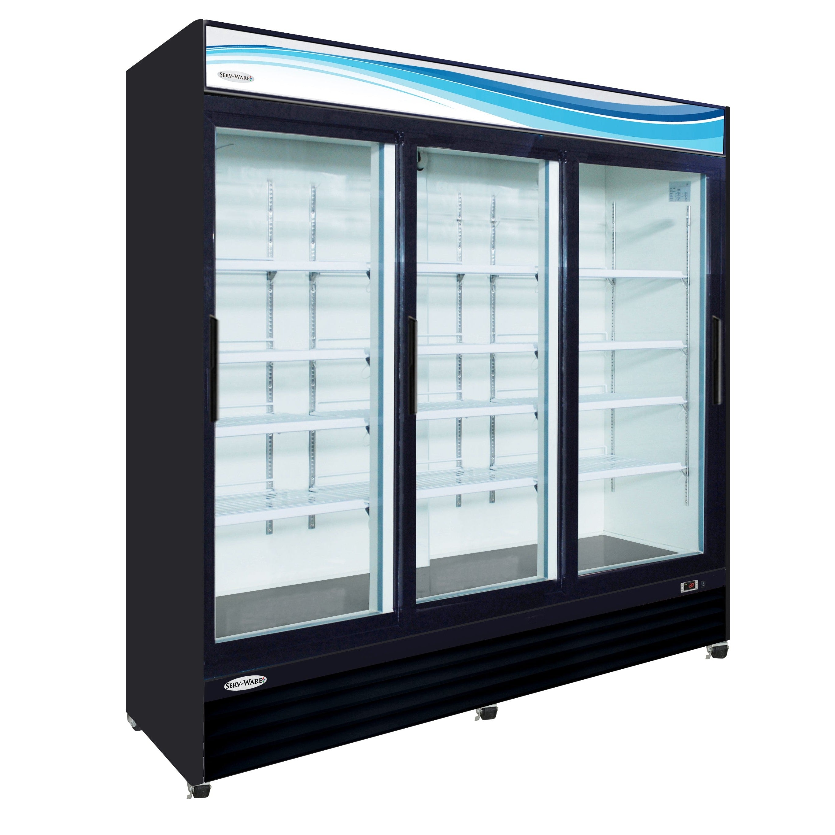 Three (3) Sliding Glass Door Merchandiser Refrigerator, Black Cabinet